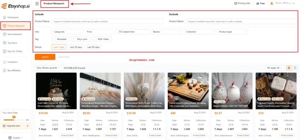 Etsyshop.ai Product Research Features and Filters