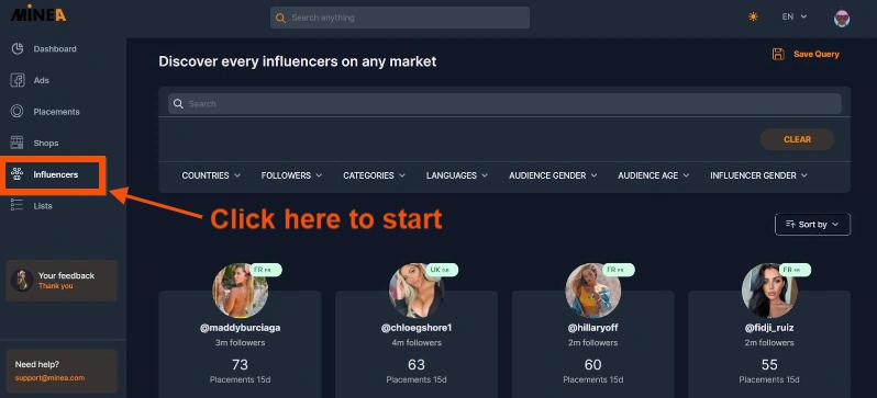 Minea for influencer marketing