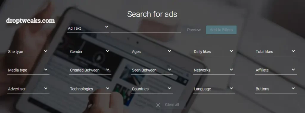 AdSpy Database and Search Options