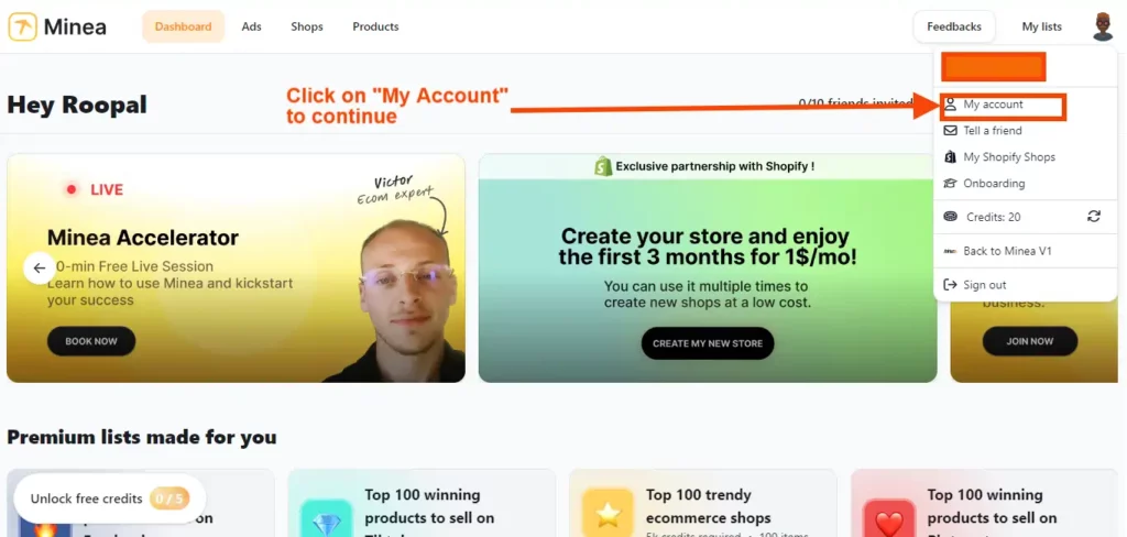 Minea Dashboard My account