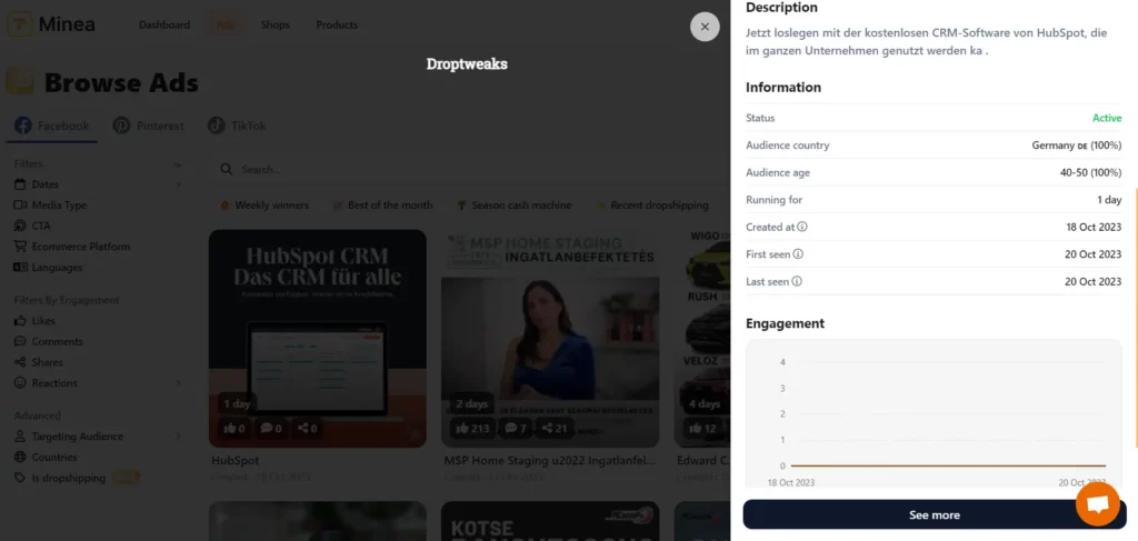 Minea Search Feature